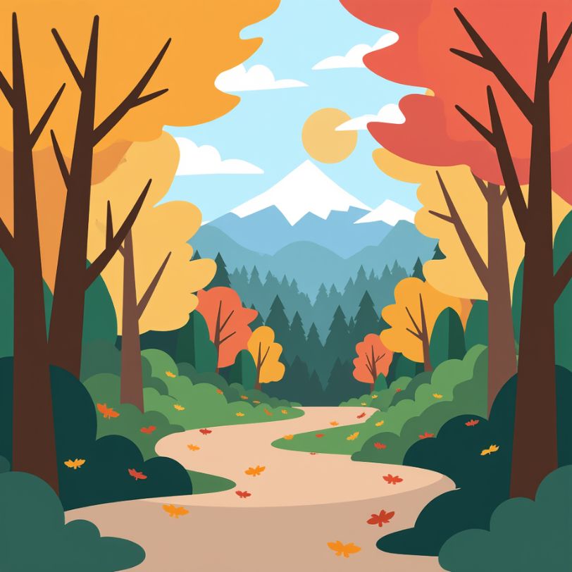 Illustration of a winding trail through autumn trees toward a snowy mountain